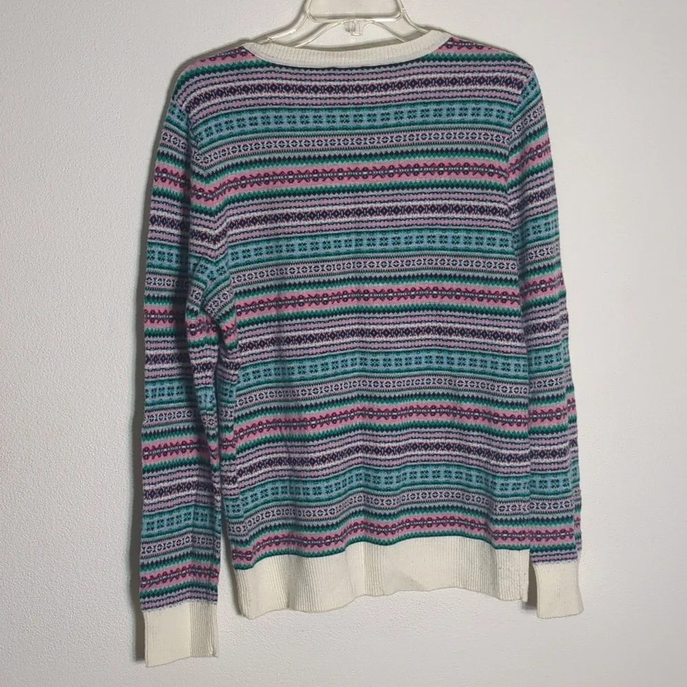 Talbots Womens Sweater Fair Isle Multi-color Striped Lambs Wool Pink Green Large